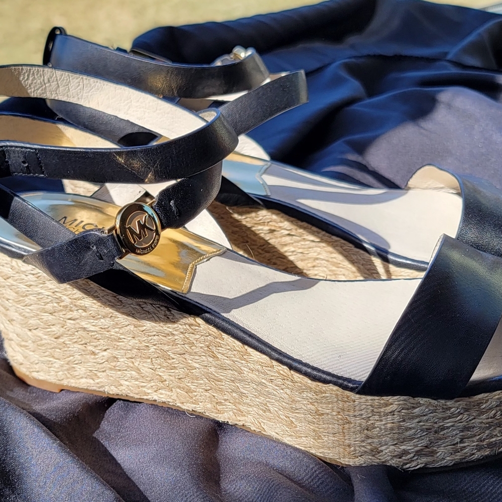 Michael Kors Black Leather Espadrille Wedge Sandals with Gold MK Accent